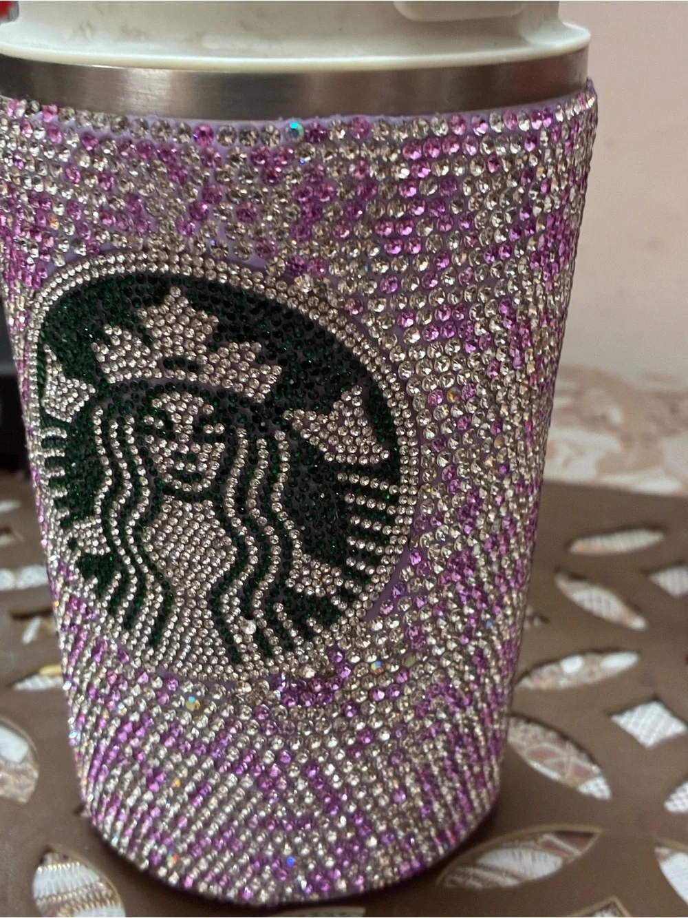 Ideal !Sparkling purple white Rhinestone crystal temp temp check Travel Tumbler